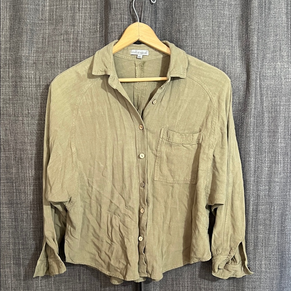 Wishlist green linen blend button down bat sleeve blouse M/L
